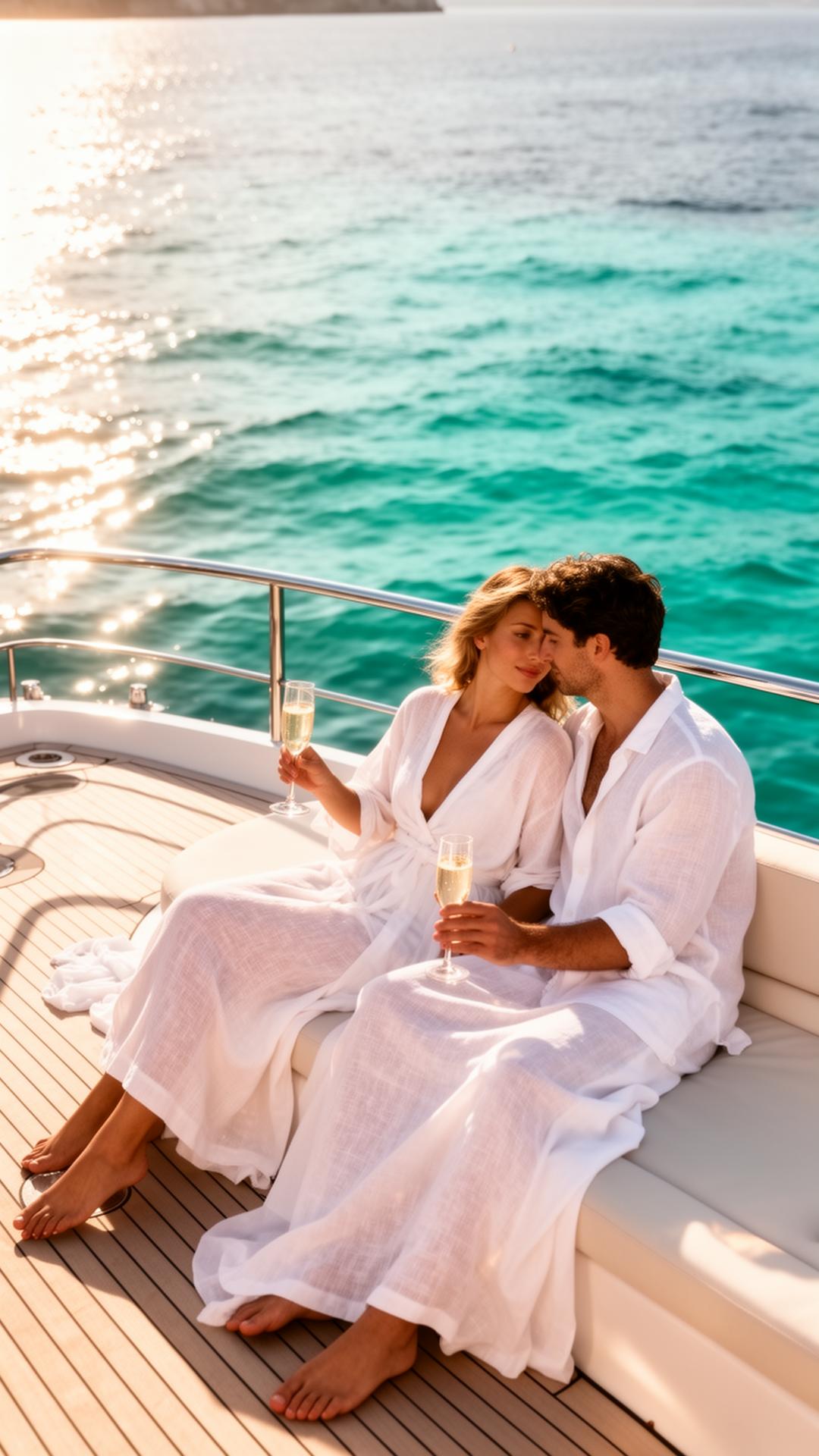Concierge-curated dinner on a yacht's foredeck at golden hour