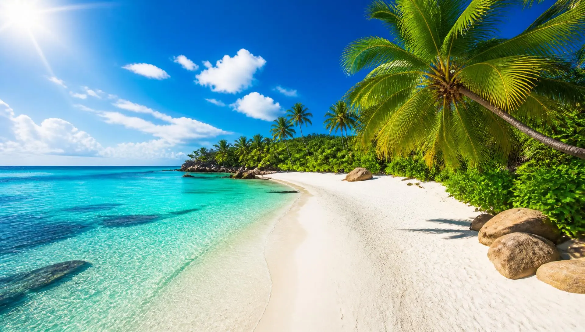 Bright tropical beach with turquoise water and palm trees