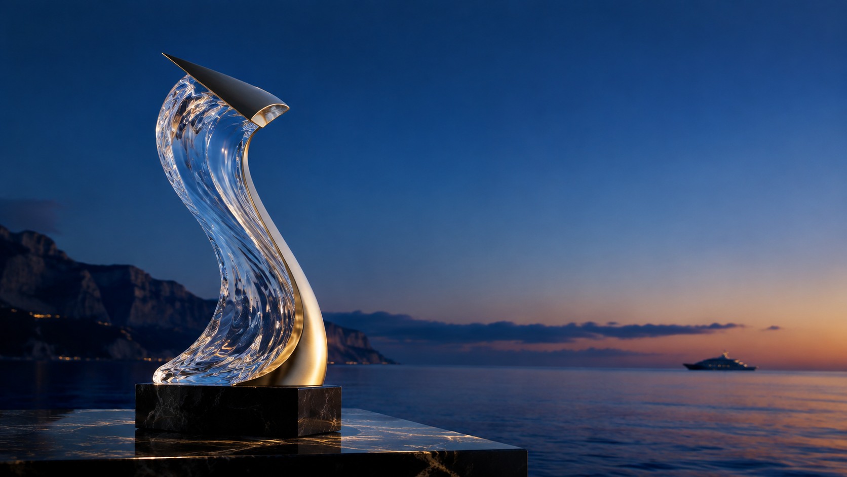 Blue Ocean Club Yacht Awards wave trophy overlooking the Mediterranean