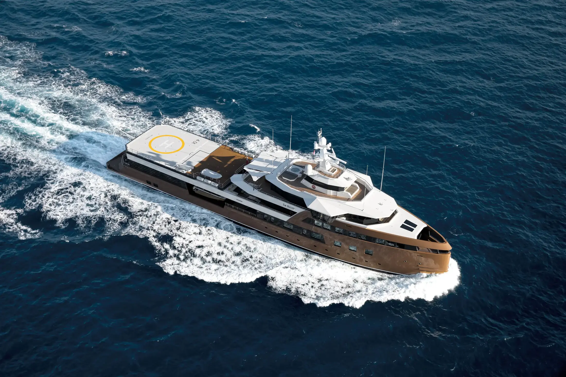 LA DATCHA, the 77-metre Damen Yachting SeaXplorer expedition yacht, photographed underway from the air